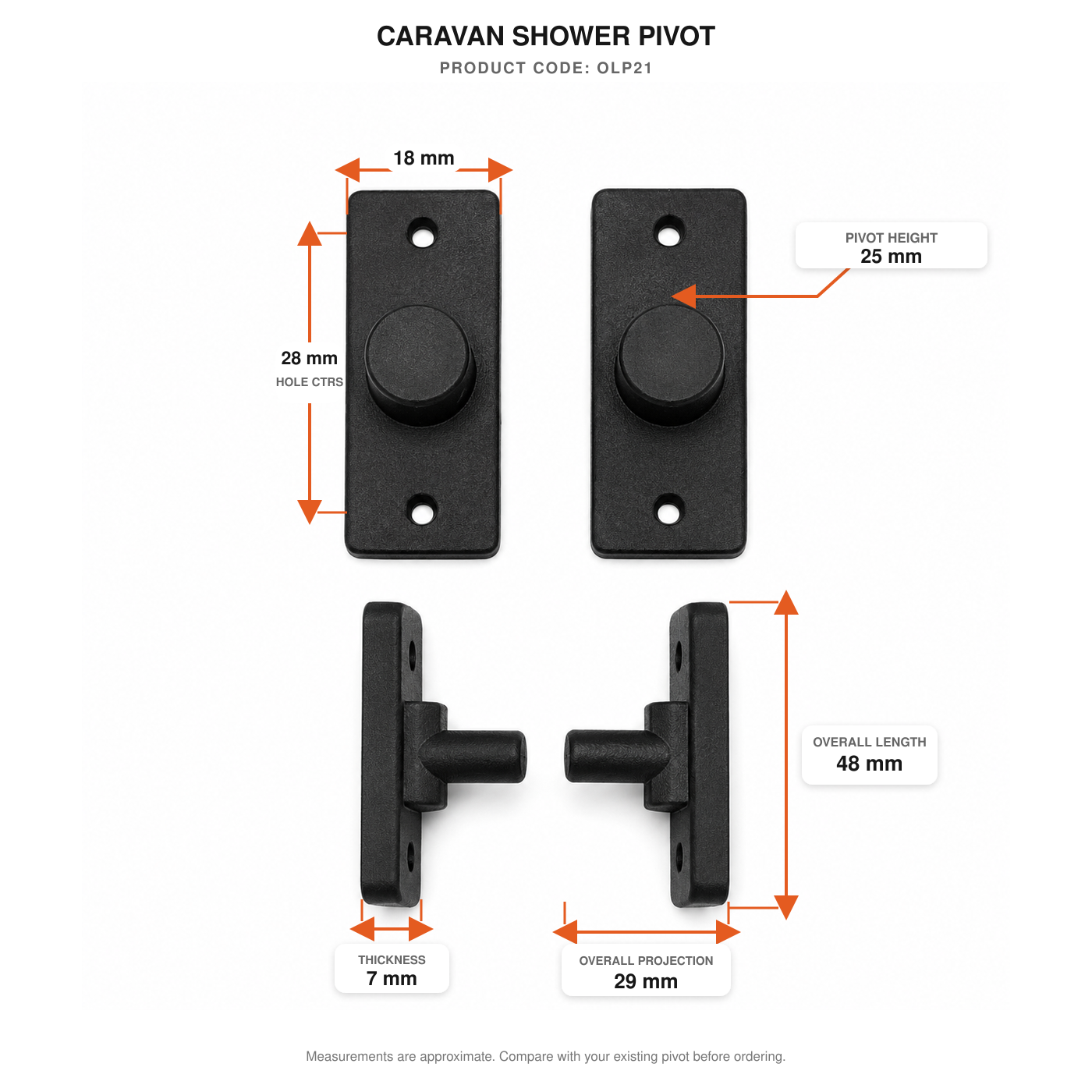 Caravan Shower Door Pivot – Black Plastic | OLP21